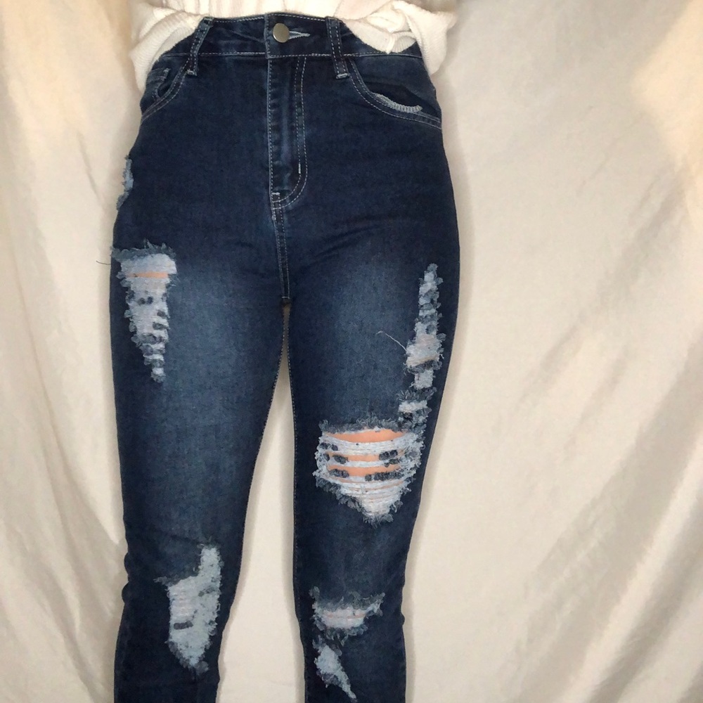 Dark wash high rise ripped mom jeans